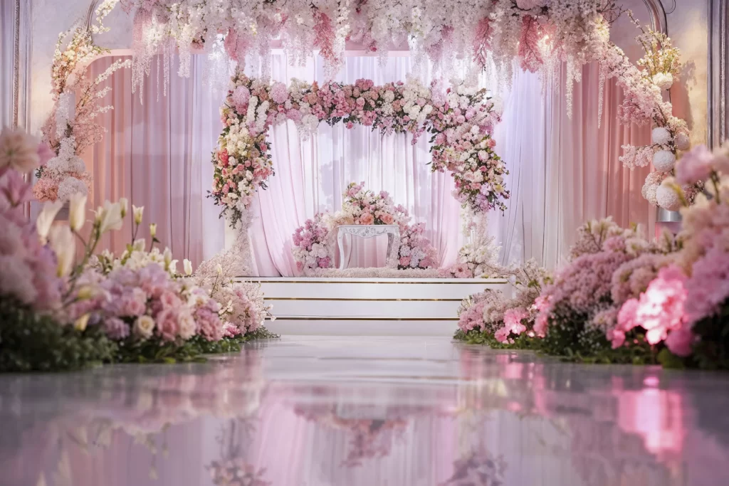 Statement wedding arch with lush flowers and bold geometric frame