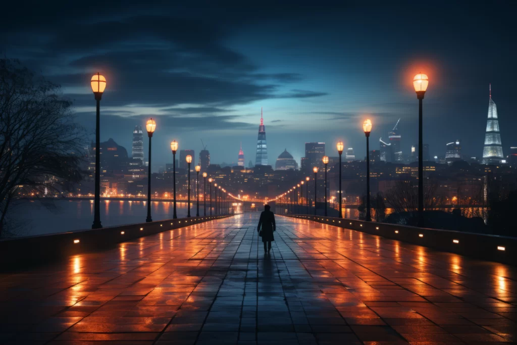 San Antonio River Walk at sunset with colorful lights reflecting on water