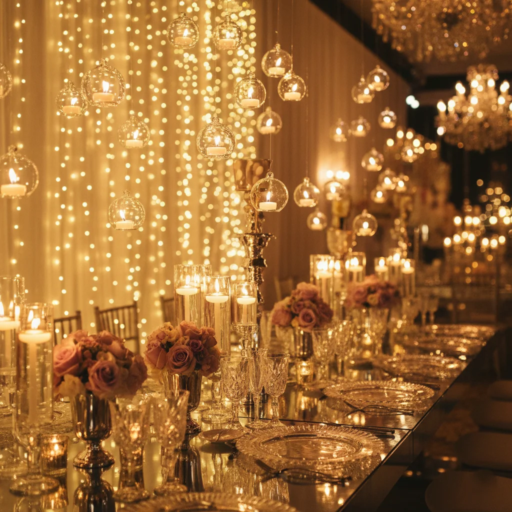 Elegant event lighting with floating candles and fairy lights creating a cinematic ambience.