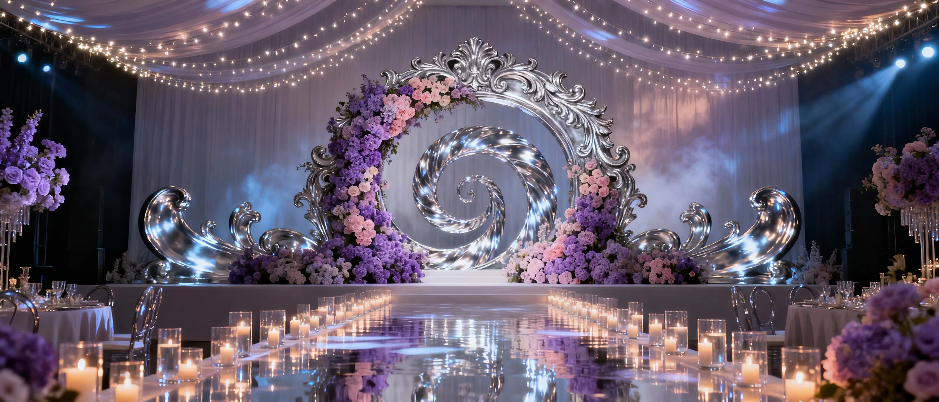 Elegant 2026 Instagrammable Event setup with silver arch, lavender florals, floating candles, and dramatic cinematic lighting.