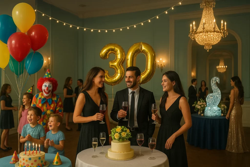 One main image showing kids’ birthday setup, adult milestone celebration, and luxury theme party décor in a single event scene.