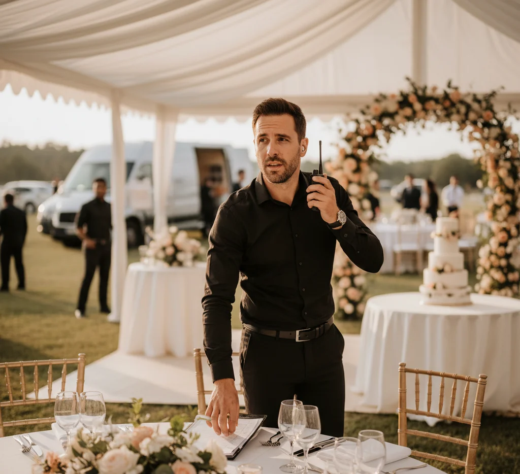 Event coordinator managing day-of wedding logistics and vendor setup