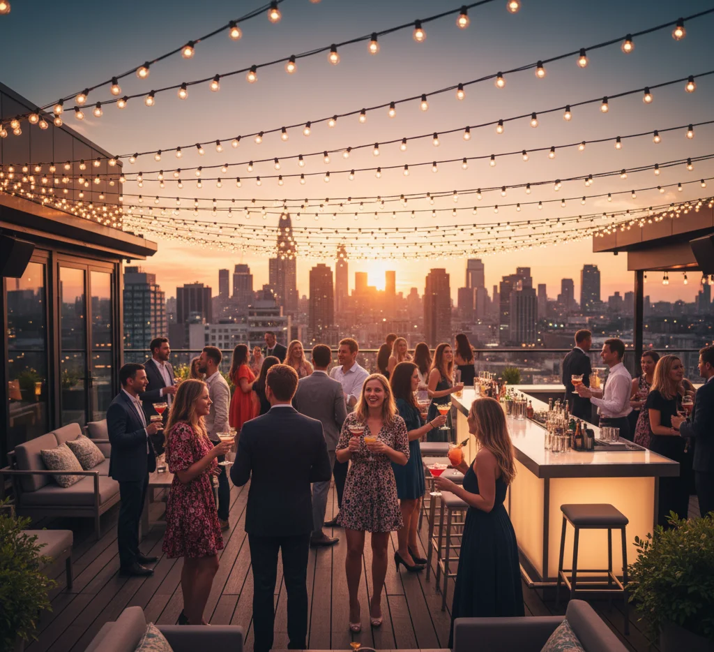 Wedding welcome party on a rooftop lounge with guests.