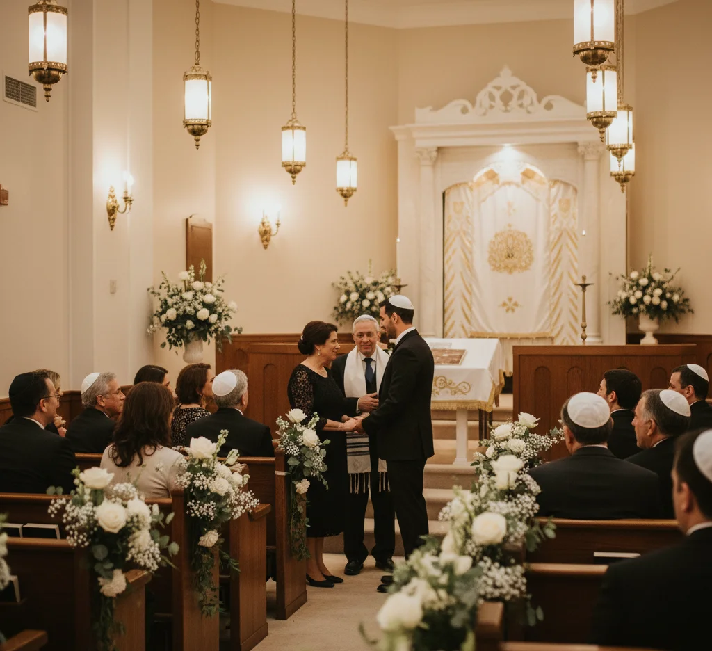 Intimate Jewish Aufruf celebration at a synagogue.