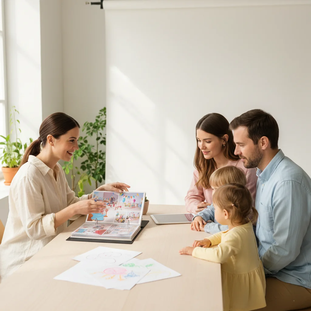 Family meeting with a birthday party planner during the hiring process