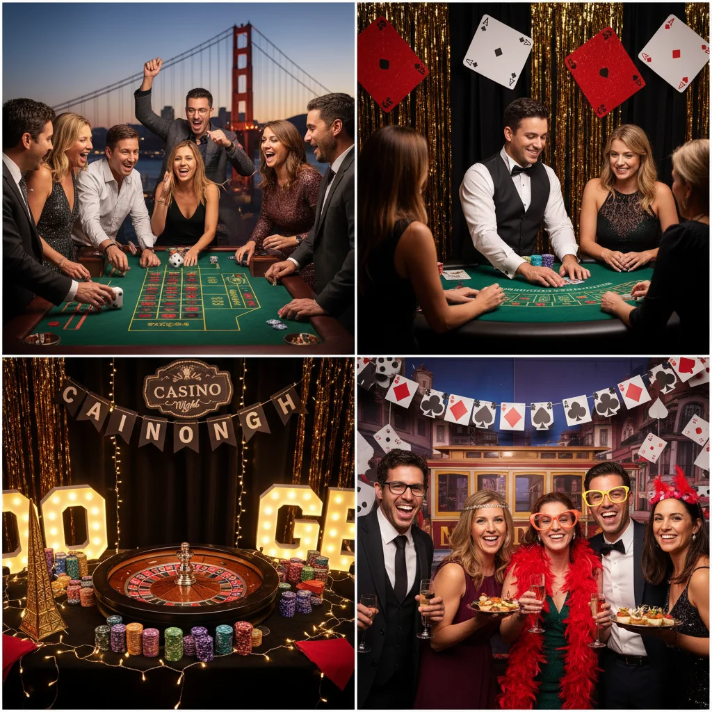 Gallery of casino party rental events in San Francisco featuring dealers, games, and themed decor