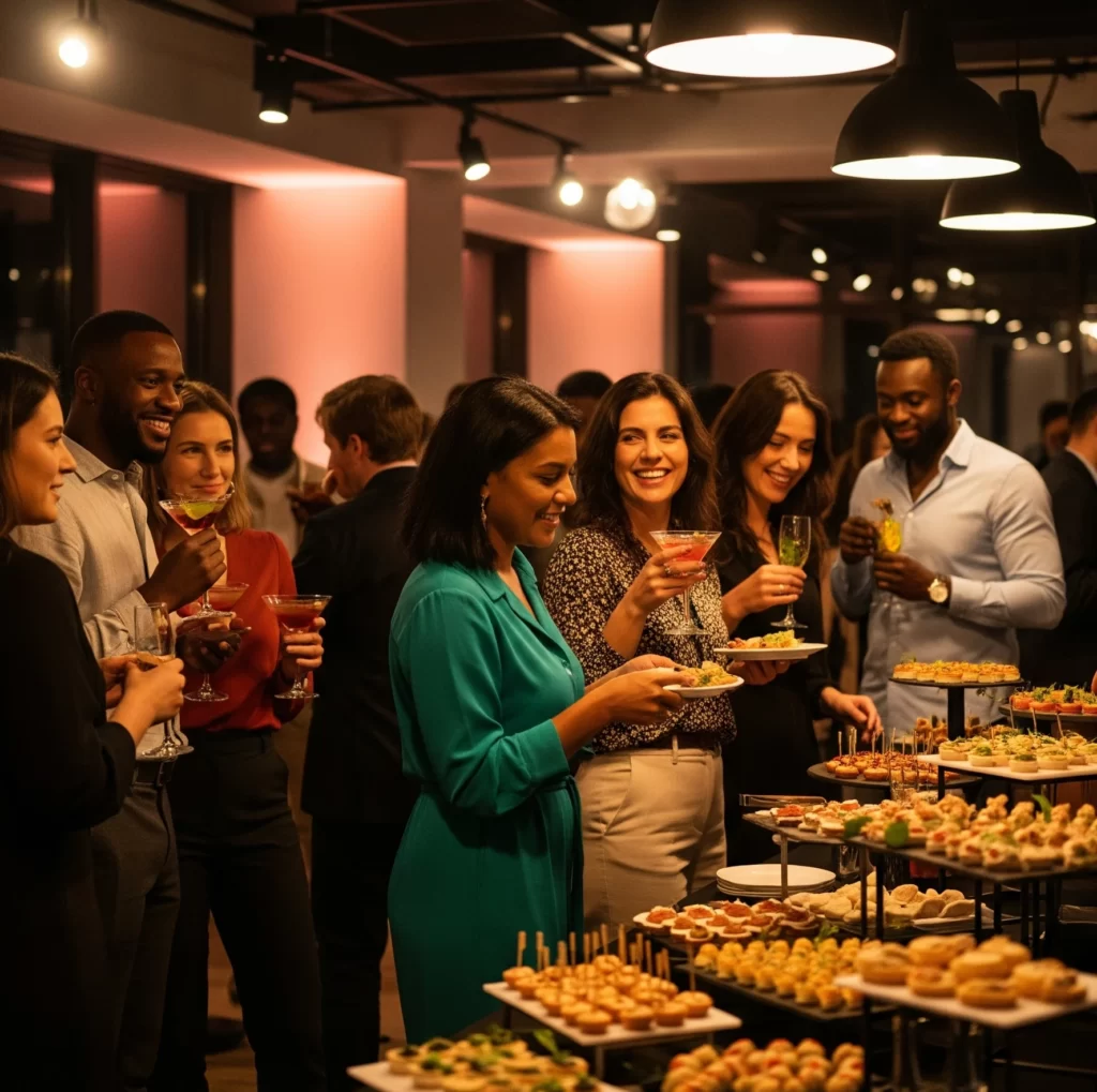 Wedding welcome party with out-of-town guests enjoying cocktails and mingling.