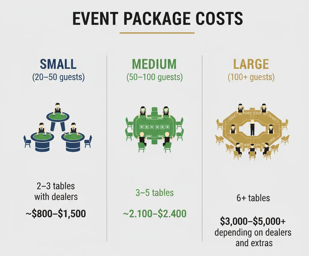 Infographic showing average casino party rental costs in San Francisco for small, medium, and large events