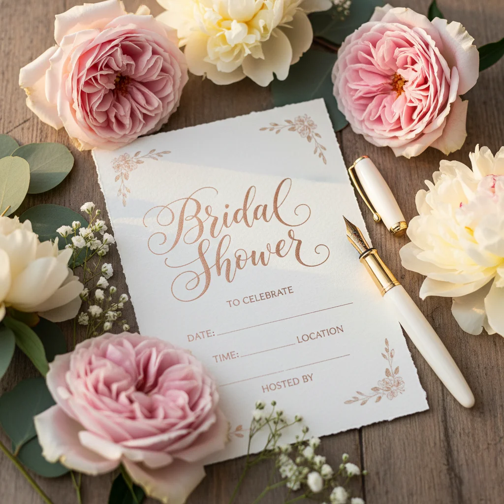 Handwritten wedding shower card with flowers and pen.