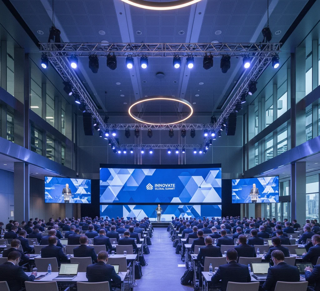 Corporate event planning costs with professional conference setup