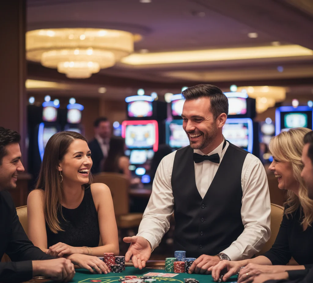 Professional casino dealer at a San Francisco casino party rental table interacting with guests