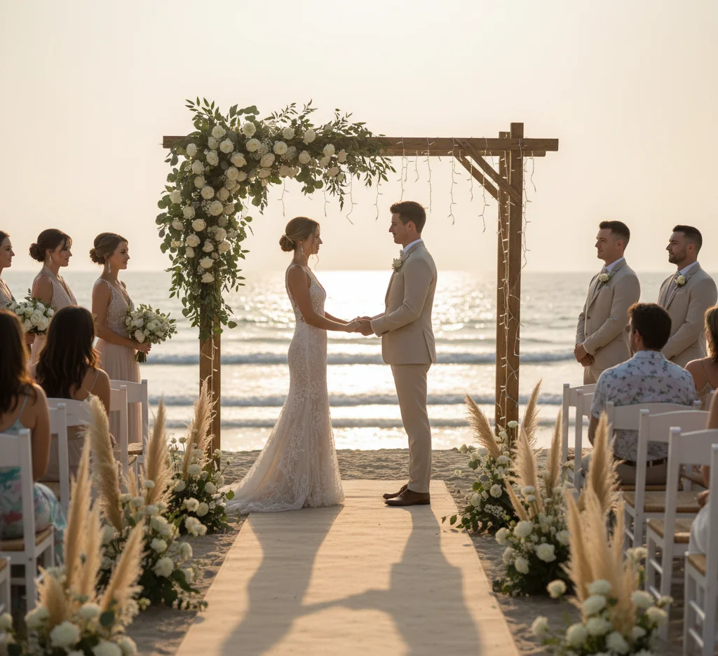 Scenic outdoor wedding setup in a garden or park.