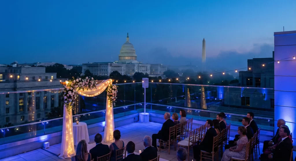 Washington DC rooftop wedding venue with skyline view