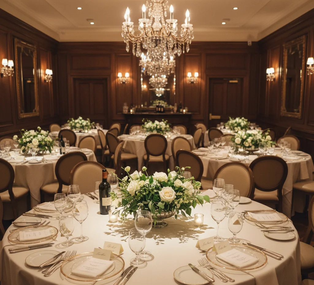 Rehearsal dinner setup in an elegant private dining room.