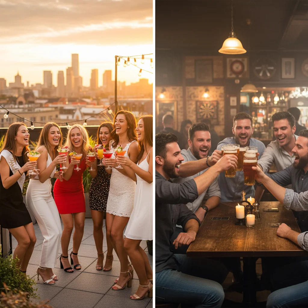 Rooftop bachelorette party and bachelor party at a pub.