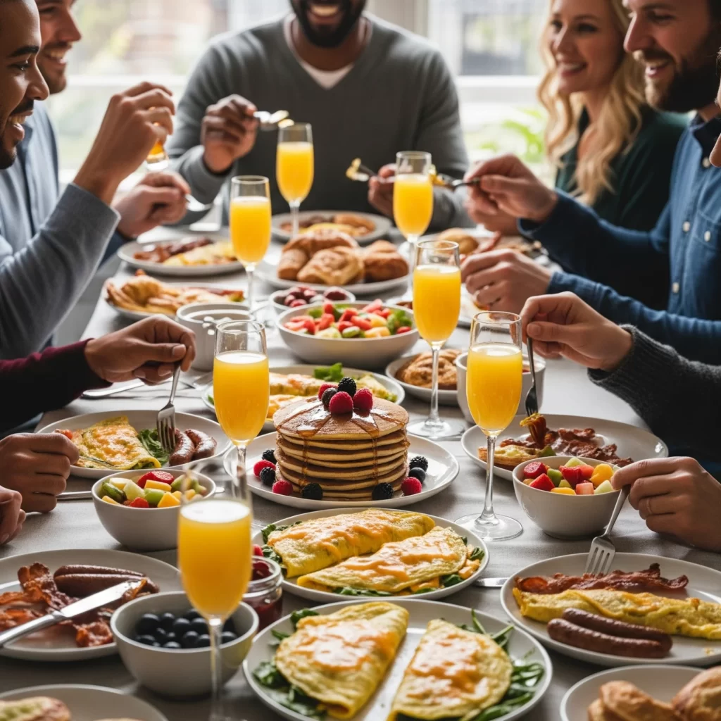 Day-after wedding brunch with friends and family reminiscing over breakfast and mimosas.