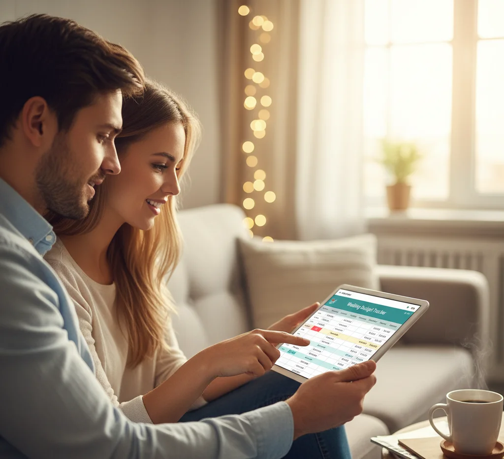 Couple reviewing wedding budget and costs.