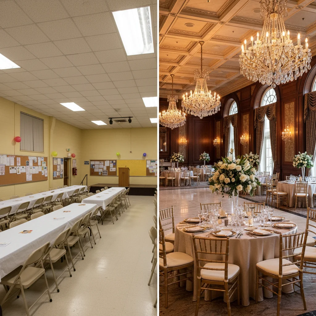 Comparison of expensive city event venue and affordable community hall