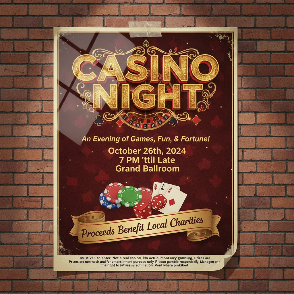 Casino party event flyer in San Francisco with legal guidelines and permit information
