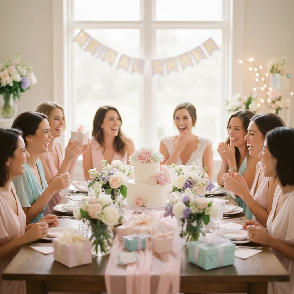 Bridal shower celebration with decorated table, cake, and joyful guests.