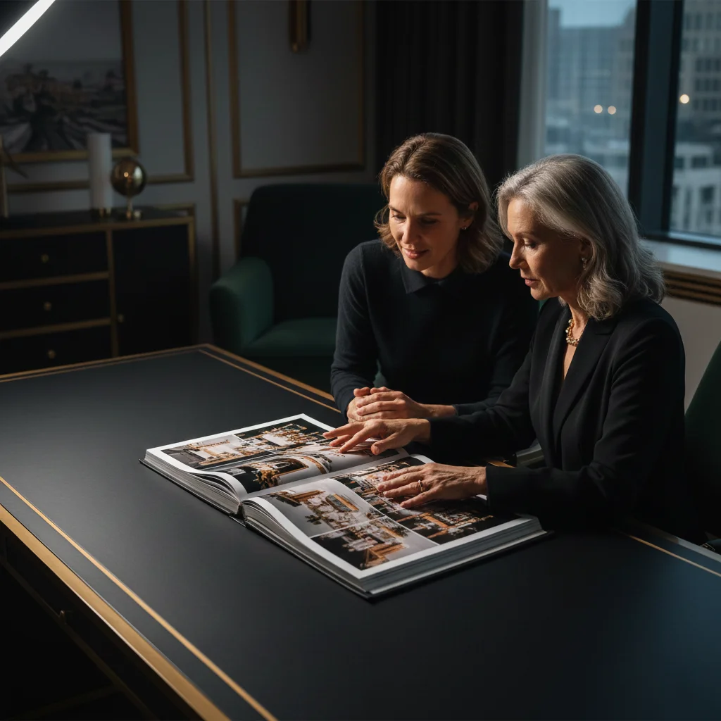 Experienced event planner presenting portfolio to clients