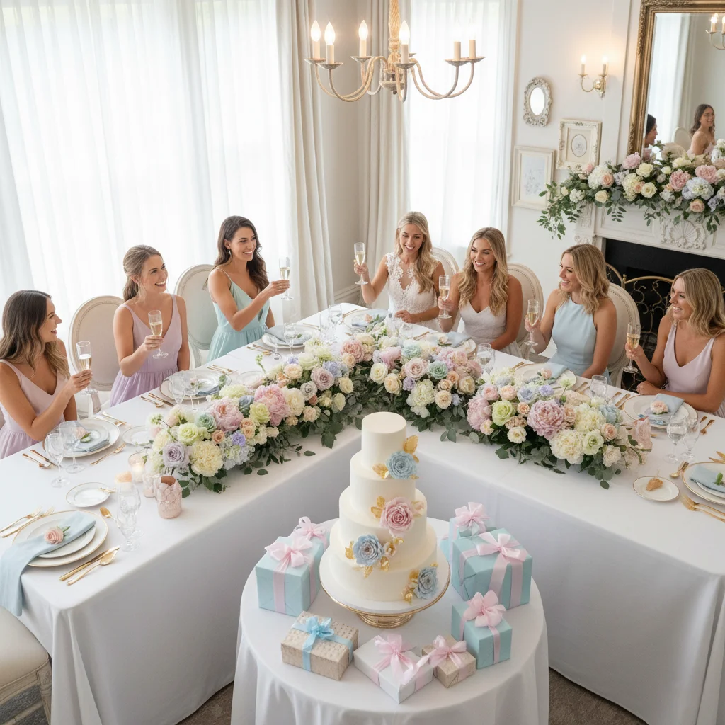 Elegant bridal shower with pastel decor, cake, and flowers.
