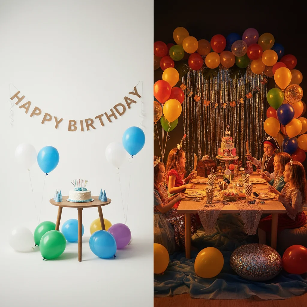 Side-by-side comparison of simple vs. elaborate birthday party setups
