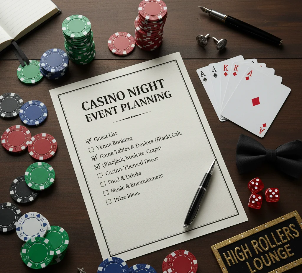 Checklist for planning a casino party in San Francisco with themed decor, chips, and gaming tables