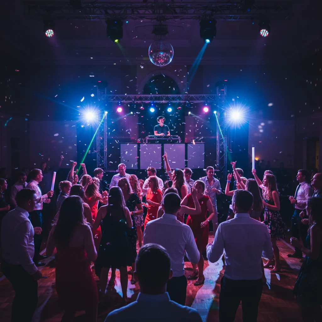 Wedding after-party with guests dancing under colorful lights.