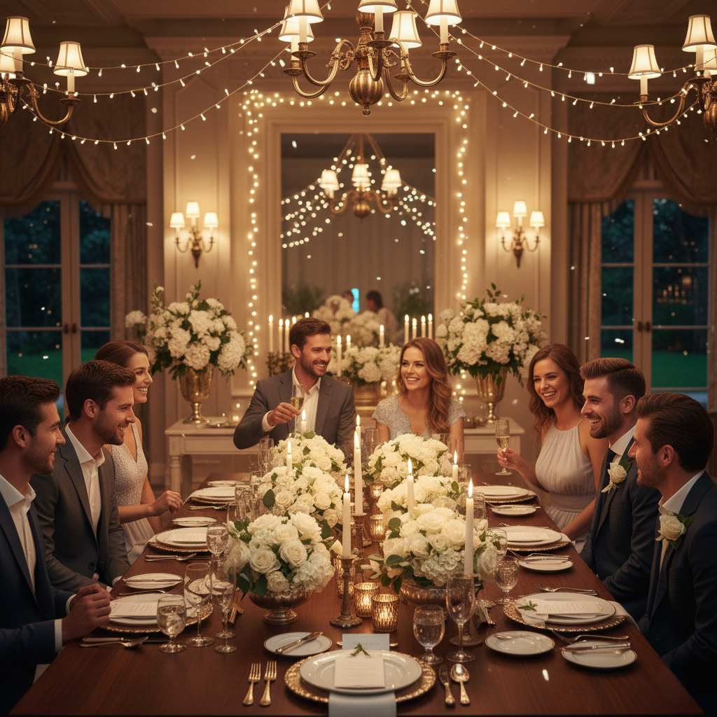Elegant rehearsal dinner with long decorated table and ambient lighting.