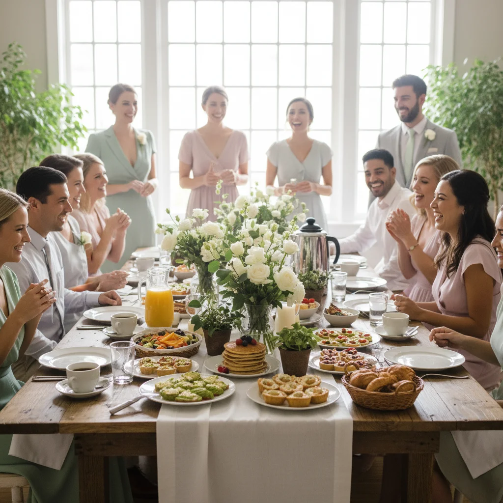 Post-wedding brunch with decorated table and happy guests.