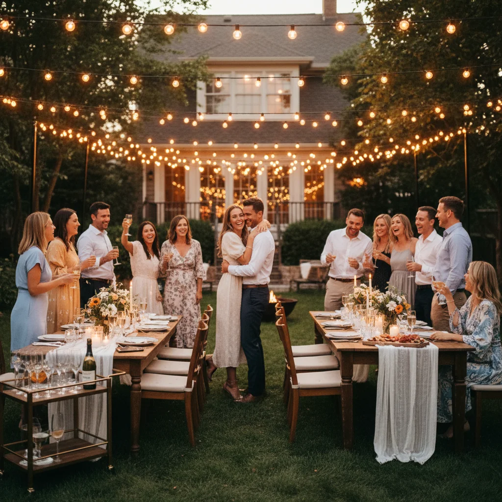 Backyard engagement party with string lights and guests celebrating.