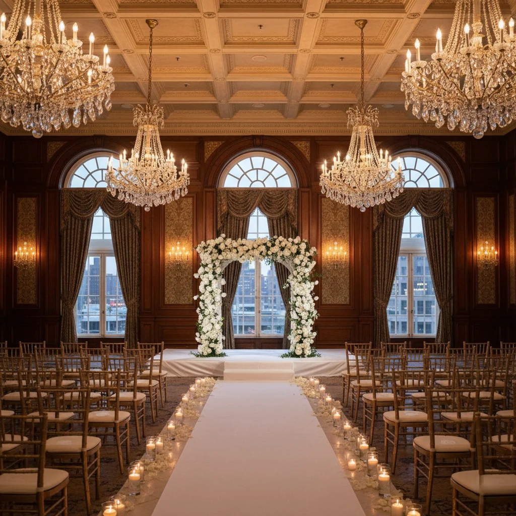 Wedding reception venue with chandeliers and elegant seating