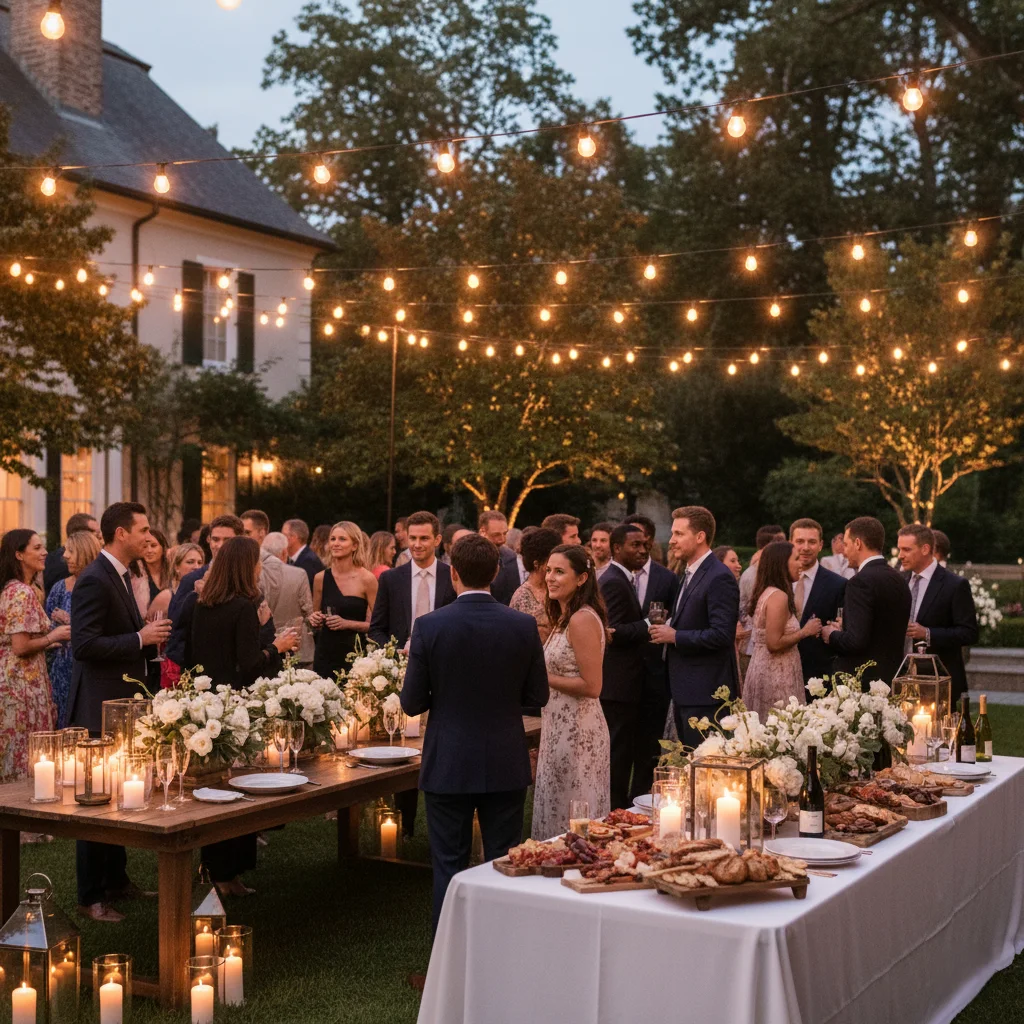 Outdoor wedding welcome party with string lights and guests mingling.