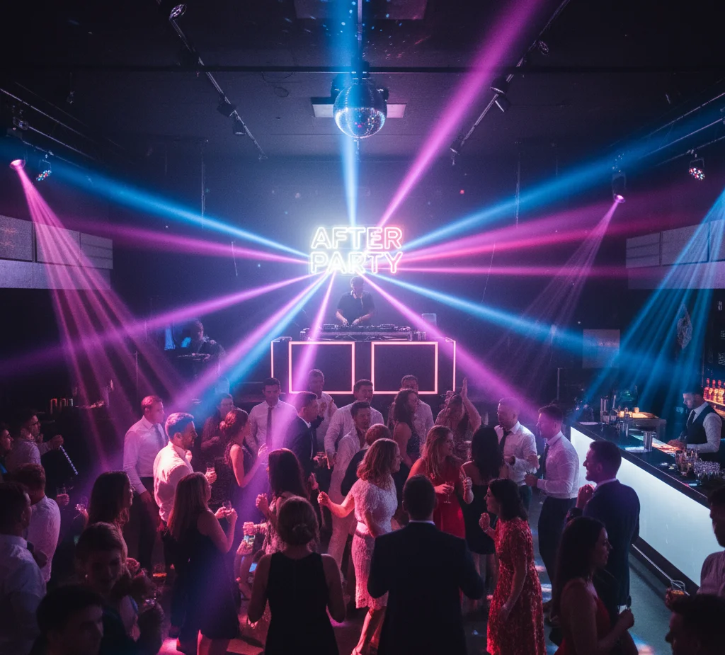 Wedding after-party with dancing and drinks.