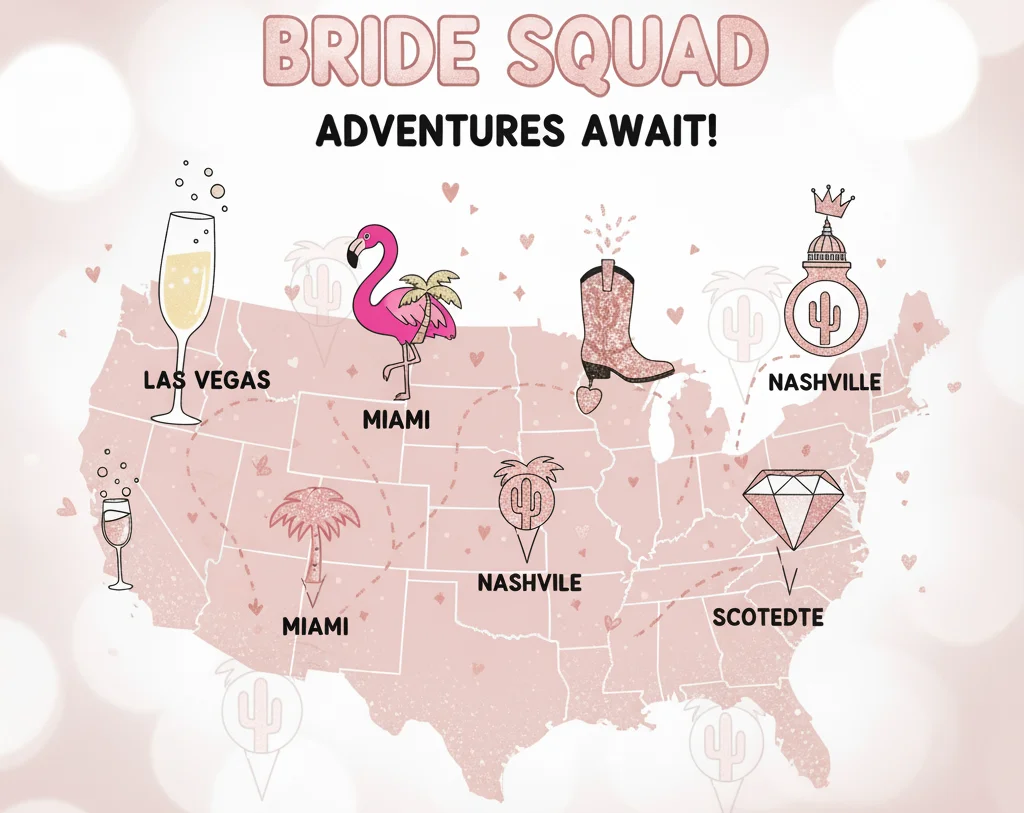 Map showing top U.S. bachelorette party destinations including Las Vegas, Miami, Nashville, Scottsdale, and Washington DC.