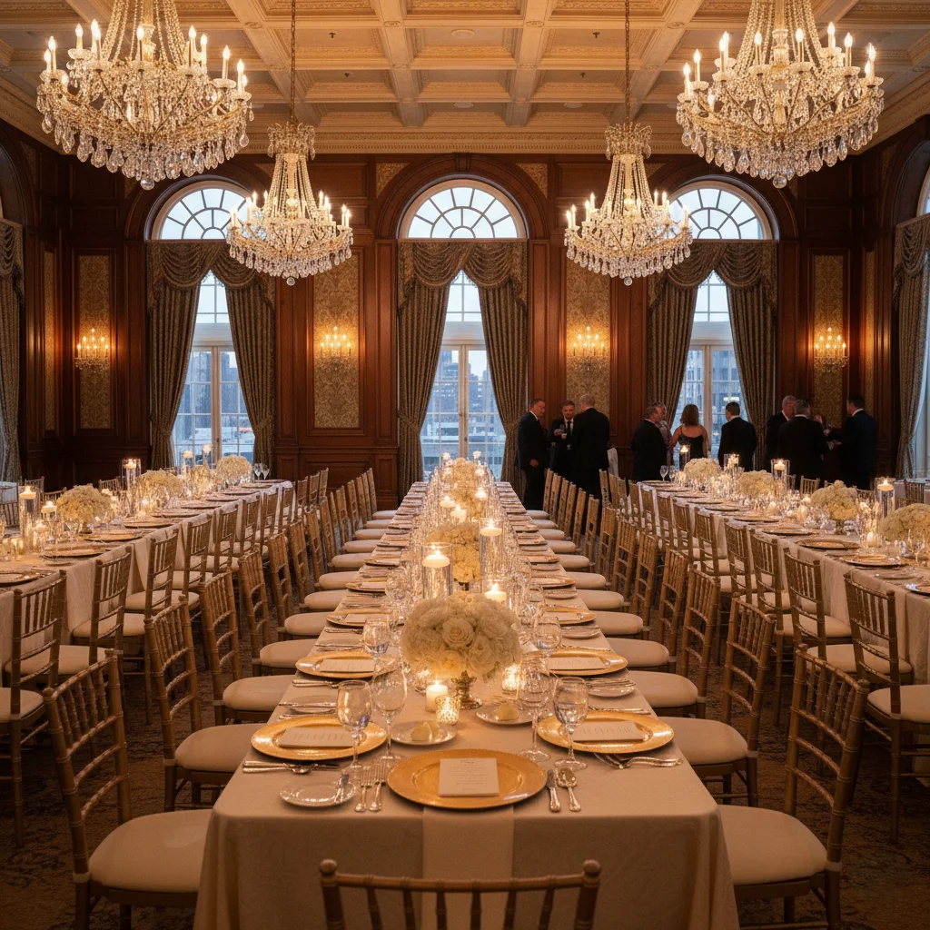 Banquet hall rental space prepared for a large party