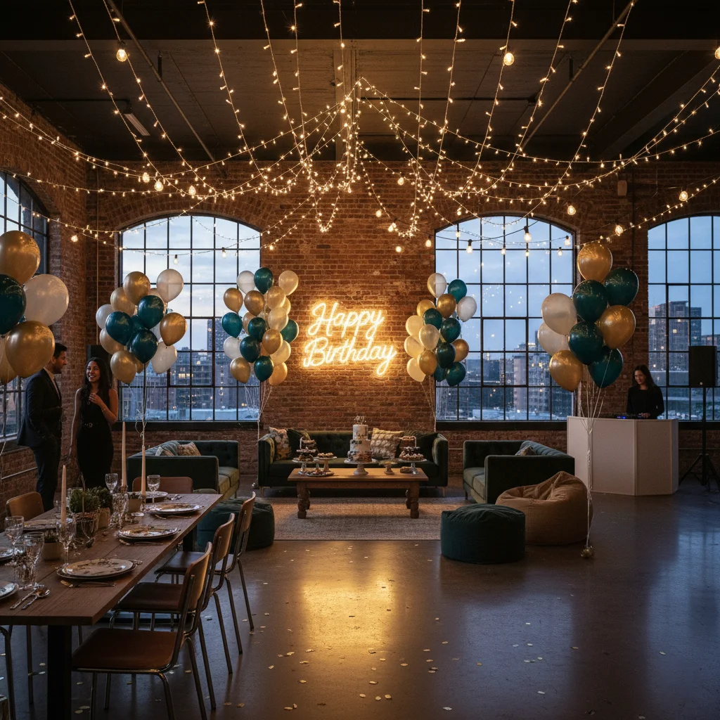 Birthday party venue with balloons and modern decor