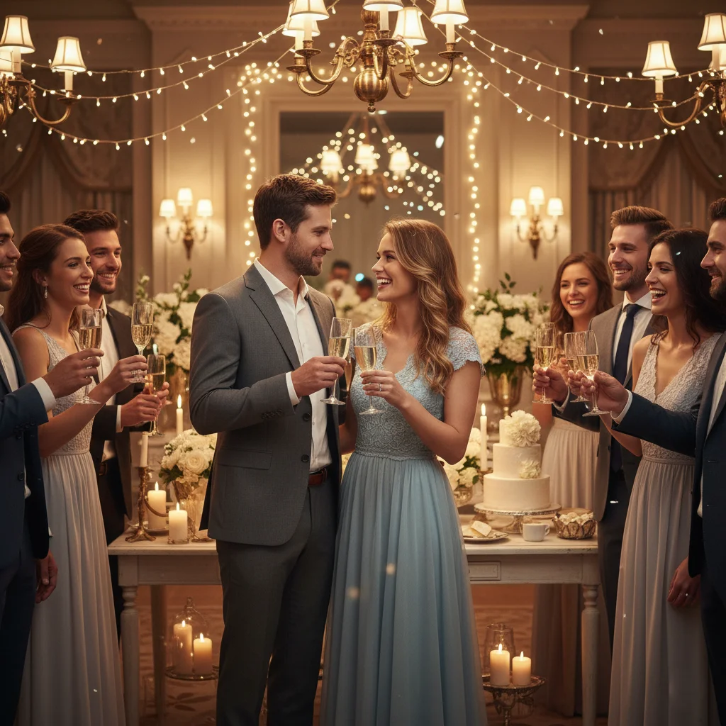 Happy couple celebrating engagement party with friends and champagne.