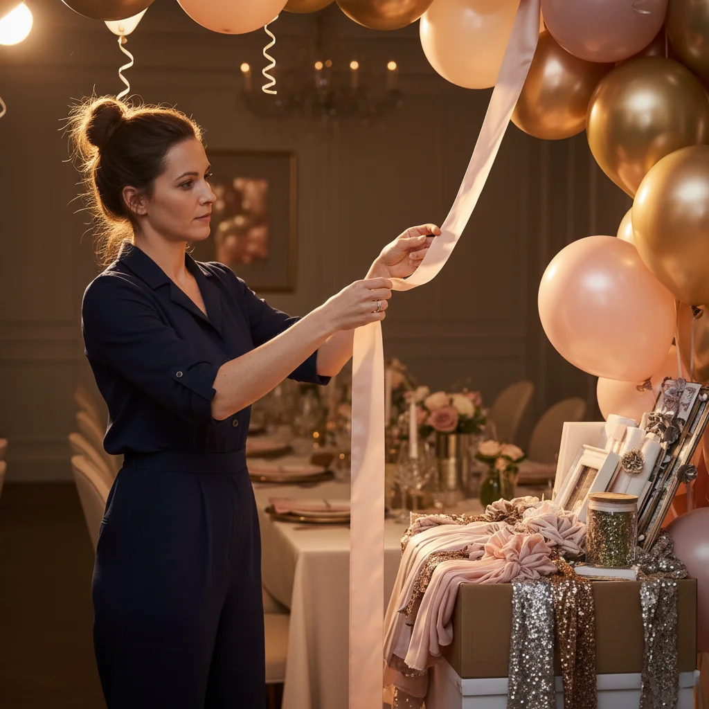 Party planner organizing décor during a birthday event setup