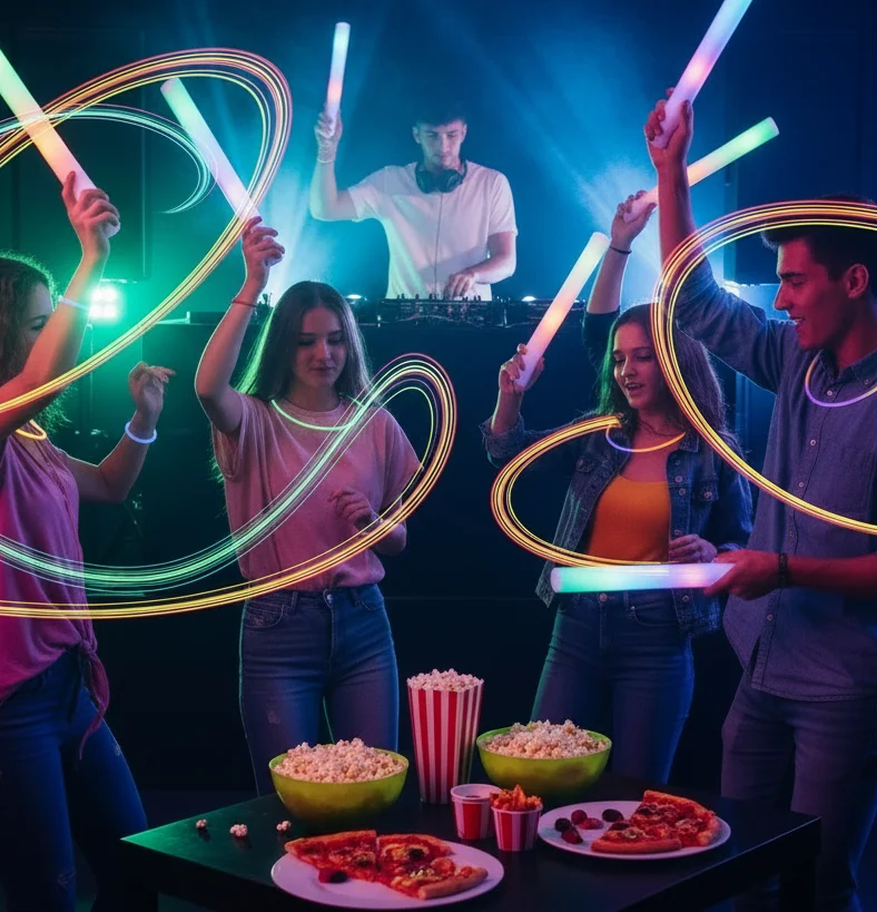 Wedding after-party with guests dancing and enjoying late-night snacks.