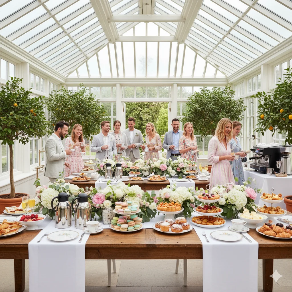 Post-wedding brunch with coffee, pastries, and floral decor.