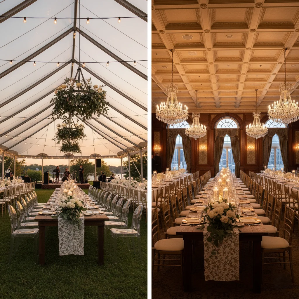 Comparison of outdoor tent venue and indoor ballroom party venue