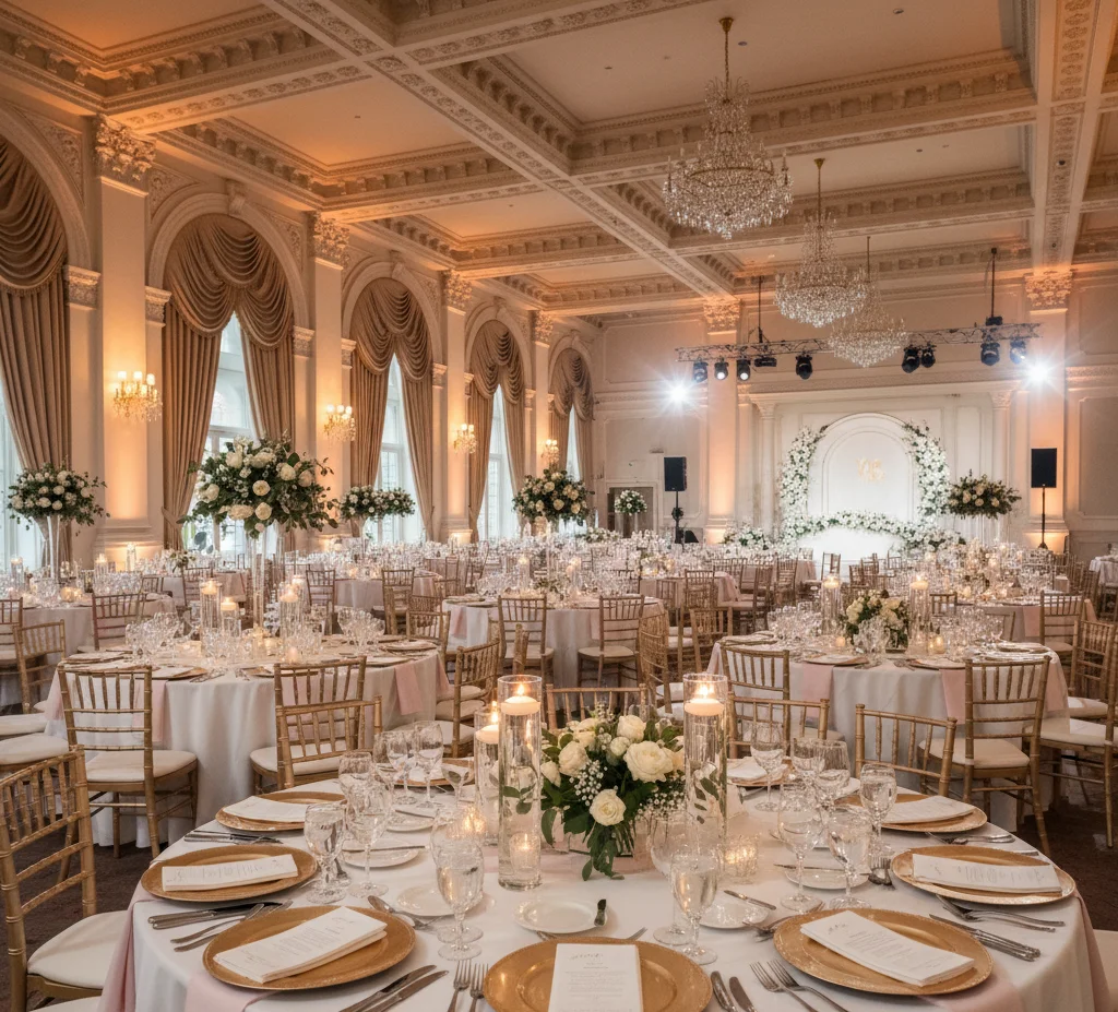 Indoor wedding reception with decorated tables and ambient lighting