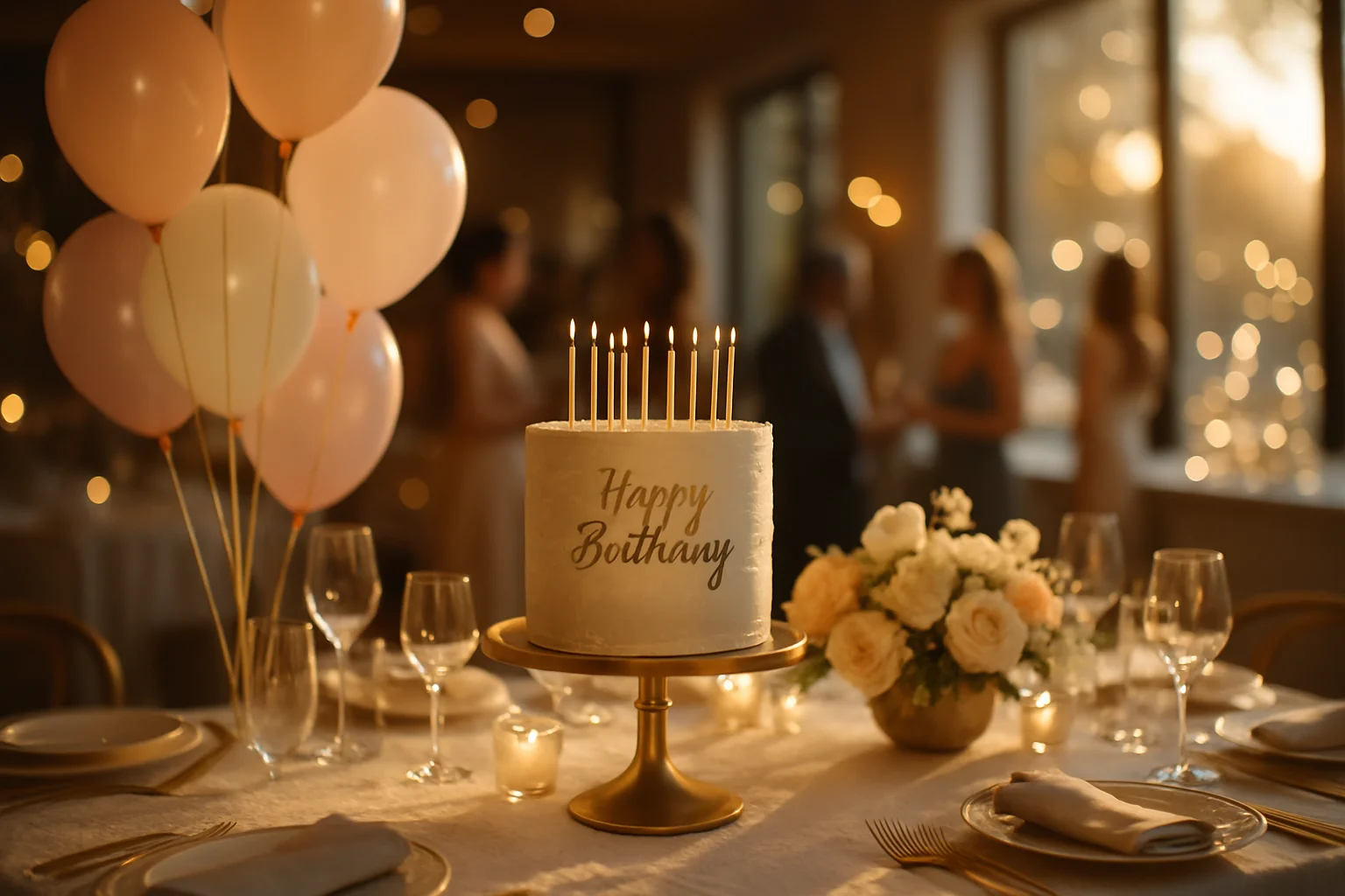 Elegant birthday party setup with soft golden-hour lighting and pastel décor
