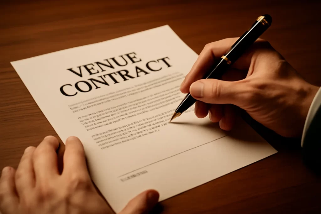 Finalizing venue booking as part of the event planner checklist.