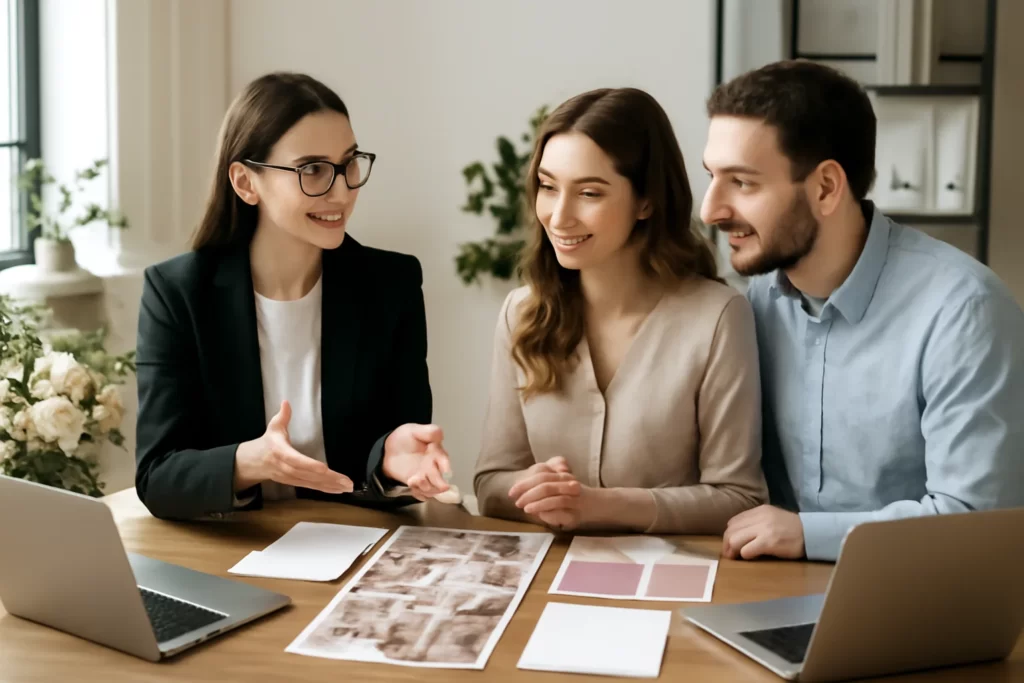 Event planner designing event theme and budget with clients