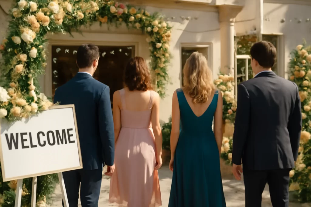 Event day checklist with guests arriving at venue entrance.