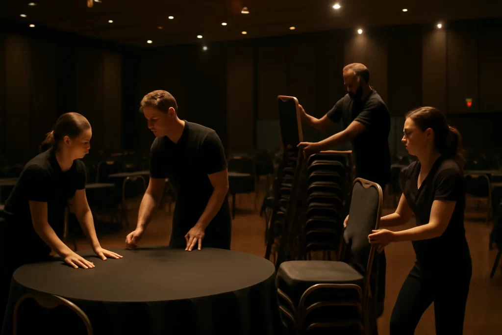 Post-event checklist with staff cleaning up venue.