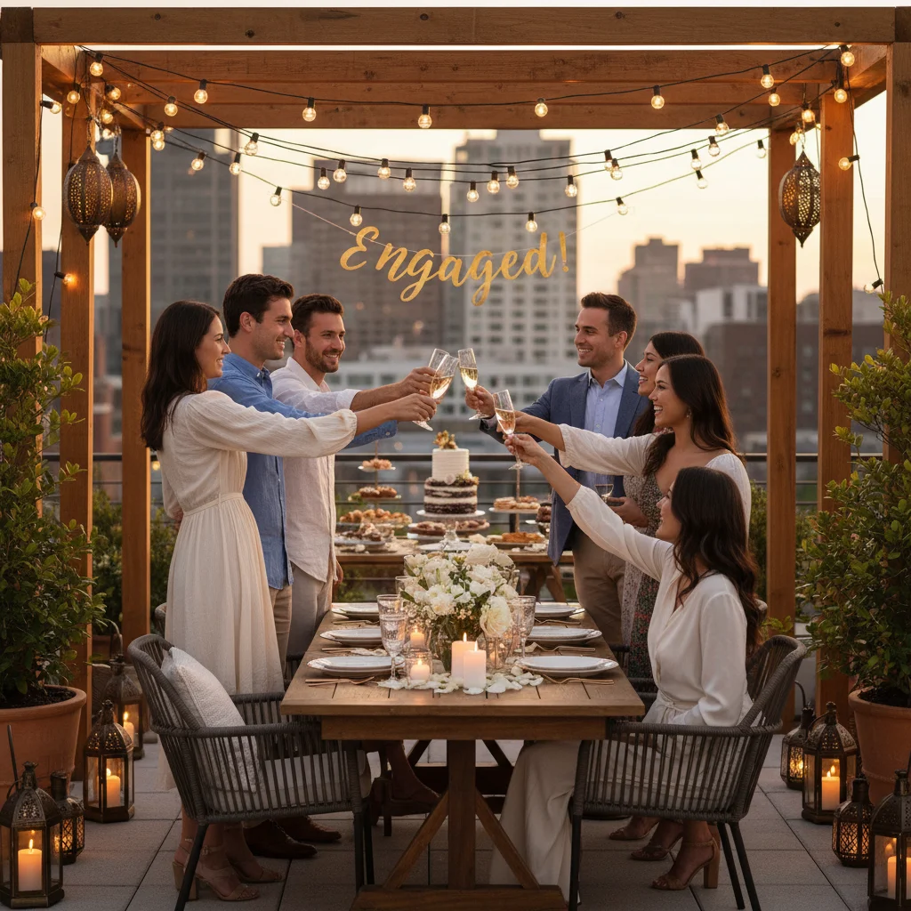Couple celebrating their engagement with friends and family at a rooftop party.